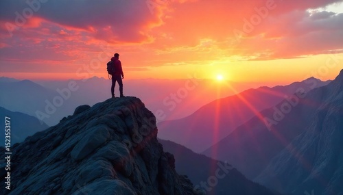 A lone figure stands atop a majestic mountain peak, silhouetted against a breathtaking sunrise, embodying courage and the conquering of fear , success, conquer, intrepid