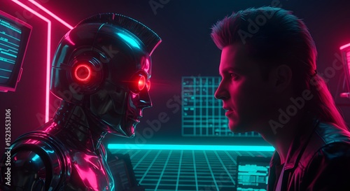 Humanoid Robot and Man Face-Off in Neon-Lit Cyberpunk Setting