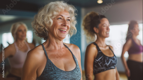 Smiling senior woman participating in a group fitness class with others in background.
 photo