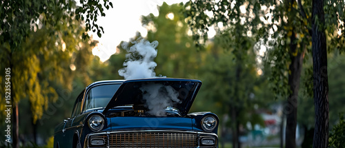 Broken Down Classic Blue Car With Smoke