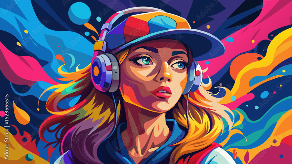 Naklejka premium Illustration of a girl with headphones and colorful art