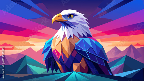Geometric eagle portrait with colorful mountainscape