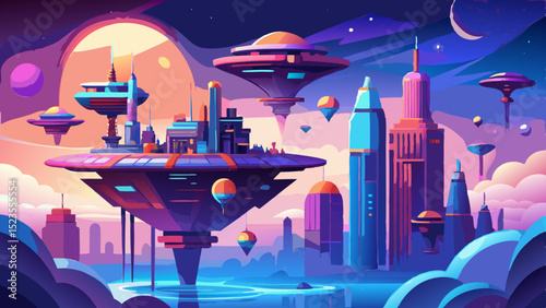 Illustration of a futuristic city with flying islands