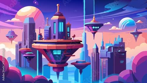Illustration of a futuristic city with flying ships