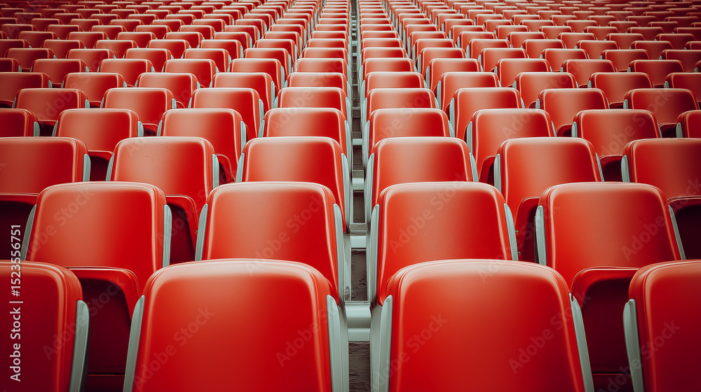 Fototapeta premium Symmetrical pattern of empty red plastic stadium seats in rows, creating a bold geometric perspective. 