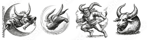 Vintage Illustrations of Mythical Creatures and Horned Figures, Logo Design, Hand drawing Engraving, Vector Illustration Isolated Object
