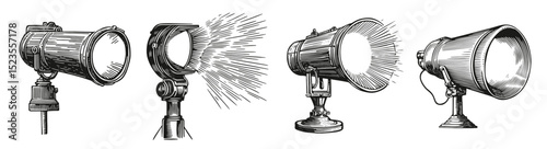 Vintage Illustrations of Various Types of Studio Lighting Equipment, Logo Design, Hand drawing Engraving, Vector Illustration Isolated Object
