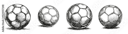 Vintage Illustration of Different Sizes of Soccer Balls in Sketch Style, Logo Design, Hand drawing Engraving, Vector Illustration Isolated Object