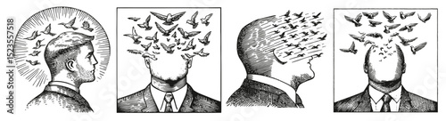 Surreal Illustration of Man with Birds Emanating from Head, Logo Design, Hand drawing Engraving, Vector Illustration Isolated Object