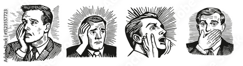 Emotional Expressions of Shock and Surprise in Black and White Illustrations, Logo Design, Hand drawing Engraving, Vector Illustration Isolated Object
