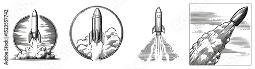 Vintage Rocket Illustrations in Various Styles and Perspectives, Logo Design, Hand drawing Engraving, Vector Illustration Isolated Object