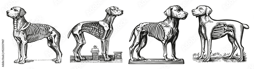Detailed Illustration of Dog Anatomy Showing Skeleton and Muscles, Logo Design, Hand drawing Engraving, Vector Illustration Isolated Object