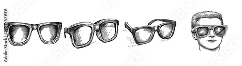 Vintage Sunglasses Collection with Stylish Designs and Features, Logo Design, Hand drawing Engraving, Vector Illustration Isolated Object