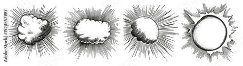 Vintage Hand-Drawn Cloud Shapes with Sunburst Elements, Logo Design, Hand drawing Engraving, Vector Illustration Isolated Object