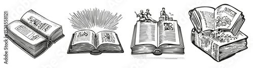 Vintage Illustrations of Open Books and Literary Themes, Logo Design, Hand drawing Engraving, Vector Illustration Isolated Object