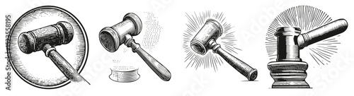 Vintage Style Hammer Graphic for Legal and Auction Use, Logo Design, Hand drawing Engraving, Vector Illustration Isolated Object