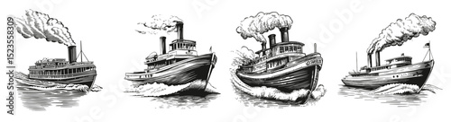Vintage Steamboat Illustrations with Smokestacks and Waves, Logo Design, Hand drawing Engraving, Vector Illustration Isolated Object
