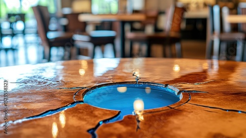 Wallpaper Mural Resin-filled, wooden table top with a circular, blue cavity. Torontodigital.ca