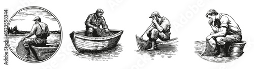 Vintage fisherman illustrations in a rustic styled engraving design, Logo Design, Hand drawing Engraving, Vector Illustration Isolated Object