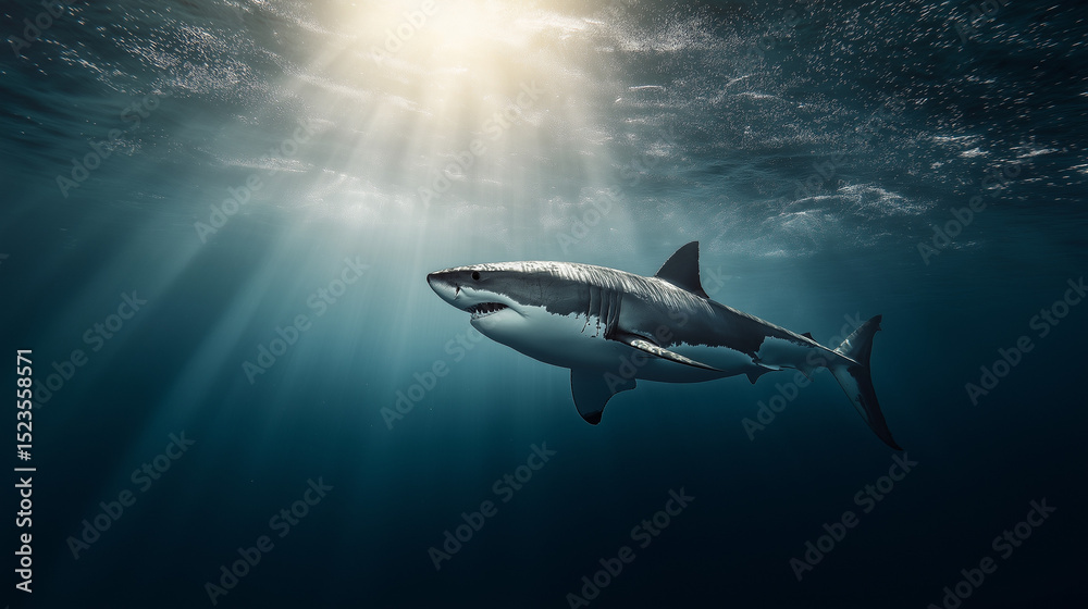Fototapeta premium Powerful great white shark gliding through deep blue ocean waters as sun rays penetrate from above, creating a dramatic underwater scene.
