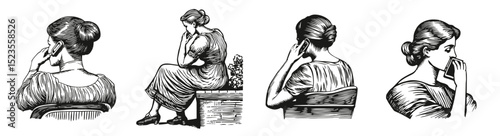 Vintage Illustration of Women Using Phone in Various Poses, Logo Design, Hand drawing Engraving, Vector Illustration Isolated Object