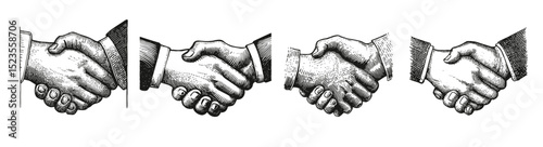 Vintage Handshake Illustrations Depicting Mutual Agreement and Trust, Logo Design, Hand drawing Engraving, Vector Illustration Isolated Object