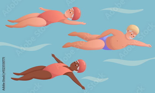 Elderly people swimming. Elderly people spending time actively, doing sports