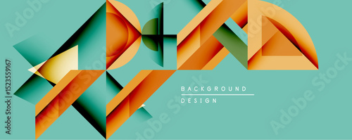 Abstract geometric shapes overlap, creating dynamic visual effect. Teal background complements orange, green hues. Modern design suitable for backgrounds, presentations.