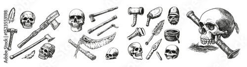 Vintage Illustrations of Skulls, Weapons, and Ritual Objects, vector illustration, engraving design, logo design set, black and white line, template design element