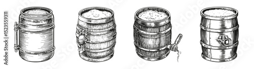 Vintage Wooden Barrels Collection for Brewing and Storage Purposes, vector illustration, engraving design, logo design set, black and white line, template design element