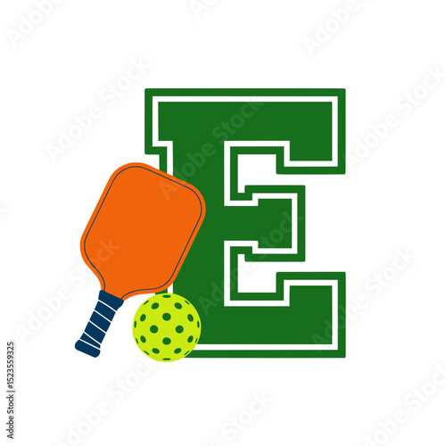 Pickleball paddle and ball with varsity E, Orange pickleball paddle and neon green ball sit in front of a bold green varsity-style letter E on a light background.

