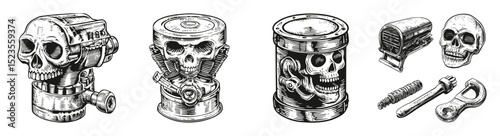 Intricate Skull Designs on Mechanical Elements and Tools, vector illustration, engraving design, logo design set, black and white line, template design element