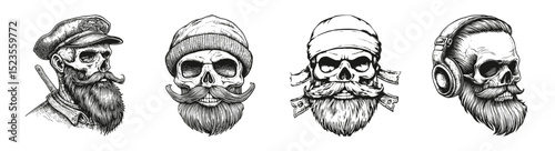Vintage Skull Portraits with Beards in Various Styles and Accessories, vector illustration, engraving design, logo design set, black and white line, template design element
