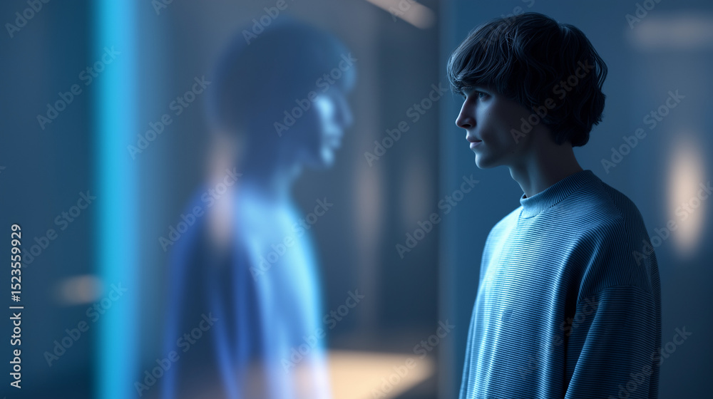 Fototapeta premium Young man in a futuristic room observing his digital reflection, exploring themes of identity, technology, and isolation. 