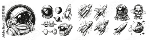 Vintage Space Exploration Illustrations with Astronauts and Rockets, vector illustration, engraving design, logo design set, black and white line, template design element