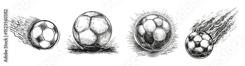 Dynamic Soccer Ball Motion Sequence Illustrating Action and Impact, vector illustration, engraving design, logo design set, black and white line, template design element