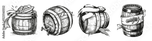Vintage Beer Barrel Icons in engraving Vector Design for Graphics