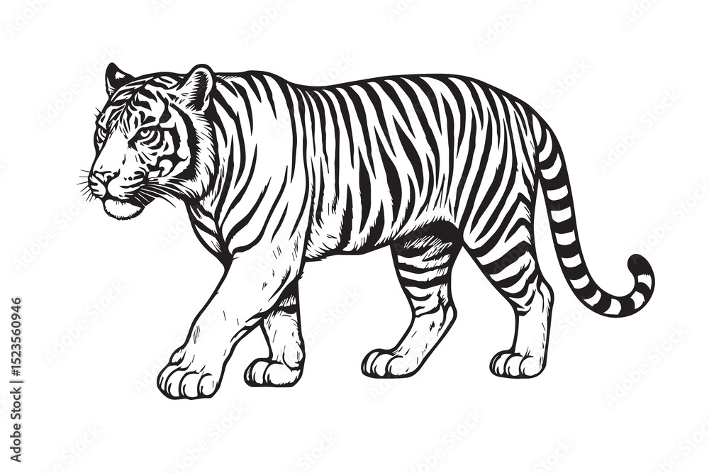 Fototapeta premium Vector drawing of a Javan tiger in black and white, using thick black outlines to show its powerful frame, facial details, and striped pattern.