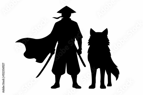 Vector cartoon illustration of a Halloween witch silhouette, a woman in a black costume and hat with a broom, perfect for the autumn holiday