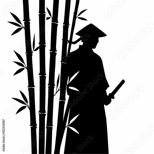 A serene vector silhouette of bamboo plants, leaves, and branches, evoking a natural Asian forest design
