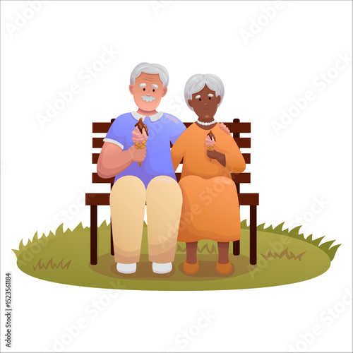 Cute elderly couple sitting on a park bench and eating ice cream. Happy seniors spending time outdoors together