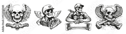 Vintage Skull Designs for Motorcycle Culture and Retro Aesthetics, vector illustration, engraving design, logo design set, black and white line, template design element