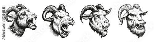 Vector Illustrations of Angry Ram Heads for Unique Logo Designs, vector illustration, engraving design, logo design set, black and white line, template design element