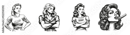 Vintage Pinup Women with Tattoos and Strong Aesthetic Expressions, vector illustration, engraving design, logo design set, black and white line, template design element