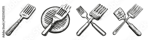 Detailed Barbecue Utensil Illustration with Fork and Grill Design, vector illustration, engraving design, logo design set, black and white line, template design element