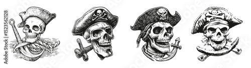 Vintage Pirate Skull and Anchor Illustrations for Nautical Designs, vector illustration, engraving design, logo design set, black and white line, template design element
