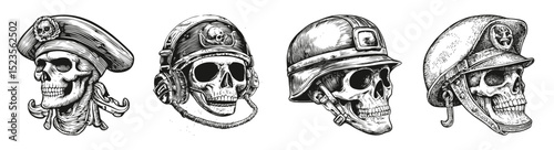 Detailed Illustrations of Military-Themed Skull Headgear Designs, vector illustration, engraving design, logo design set, black and white line, template design element