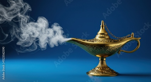 Enchanting golden genie lamp with smoke, evoking fantasy and wonder concept