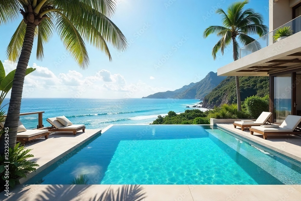 Fototapeta premium Sun-drenched private villa with infinity pool overlooking a breathtaking ocean vista Perfect for a luxurious escape and ultimate relaxation Imagine yourself here , sea, opulence, villa