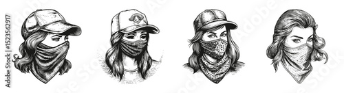 Vintage Bandana Girl Designs with Hats and Masks in Vector Style, vector illustration, engraving design, logo design set, black and white line, template design element